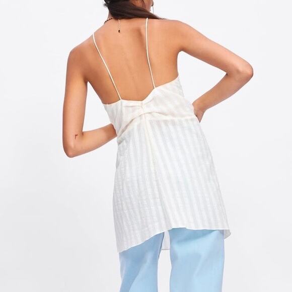Zara Cream Striped Sleeveless V Neck Knot Cami Sheath Tunic Top Dress Size S - Picture 2 of 10